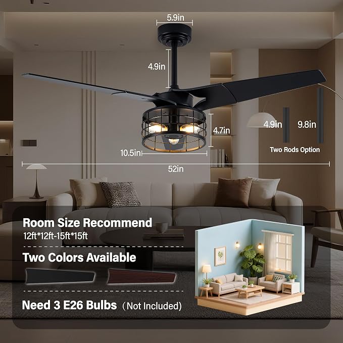 Chandelier Ceiling Fans With Lights And Remote,52 inch Caged Ceiling Fan With Light,App 3 Blades E26 Fandelier Ceiling Fans With Lights,Crystal Ceiling Fan For Bedroom,Living Room. (Black)