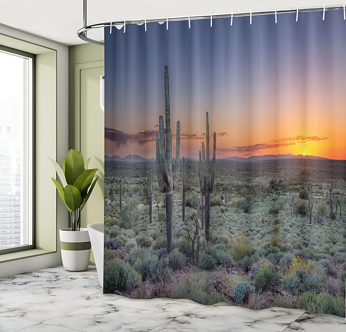 Ambesonne Saguaro Shower Curtain, A Sunset Over The Phoenix Valley in Arizona Mountain by The State Park Natural Scenery of Life Art, Cloth Fabric Bathroom Set with Hooks, 69" W x 70" L, Night Blue