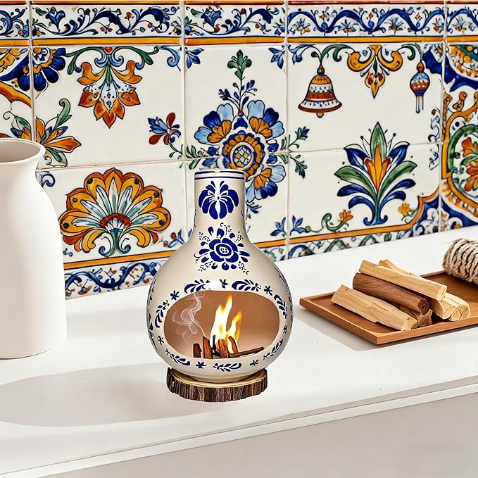 Ceramic Incense Holder Palo Santo Burner Talavera Mexican Pottery Decor for Home 7.5" Mini Chimenea Incense Burner for Sage Sticks Rituals, Christmas Yoga Spa Gifts
