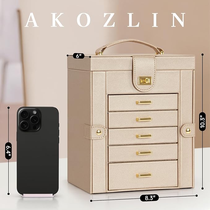 AKOZLIN 6-Tier Jewelry Box Organizer Functional 5 Drawers Leather Jewelry Storage Case for Women Girls Ring Necklace Earring Bracelet Holder Organizer with Mirror Champagne Regular