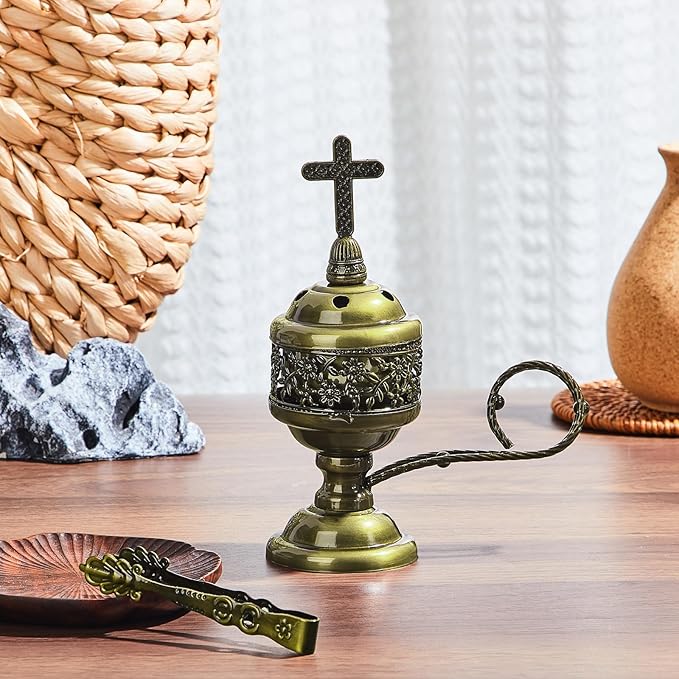 Zonon 2 Sets Incense Burner with Tong, Frankincense Charcoal Incense Stand Holder, Ideal for Yoga, Spa, Aromatherapy, Home and Christian Church Censer (Bronze,Classic)