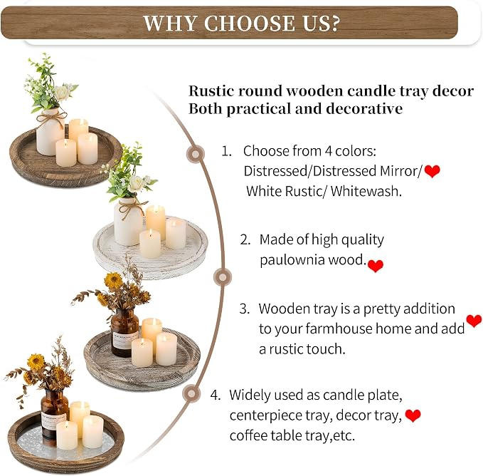 Hanobe Round Wood Candle Holder Trays, Coffee Table Decor for Centerpieces | Wooden Base with Zinc Iron plate, Decorative Tealight Candlestick for Kitchen Counter, Farmhouse Living Room Decor
