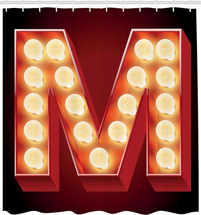 Ambesonne Letter M Shower Curtain, Vintage Alphabet Group of Old Movie Theaters Casinos Retro Type, Cloth Fabric Bathroom Decor Set with Hooks, 69" W x 70" L, Vermilion Yellow Black