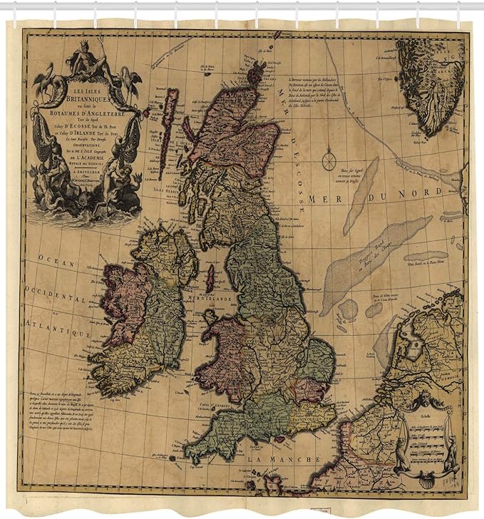Ambesonne Scenery Shower Curtain, British Islands Scotland England European History Britain Grungy Art, Cloth Fabric Bathroom Decor Set with Hooks, 69" W x 84" L, Pale Brown Green and Pink