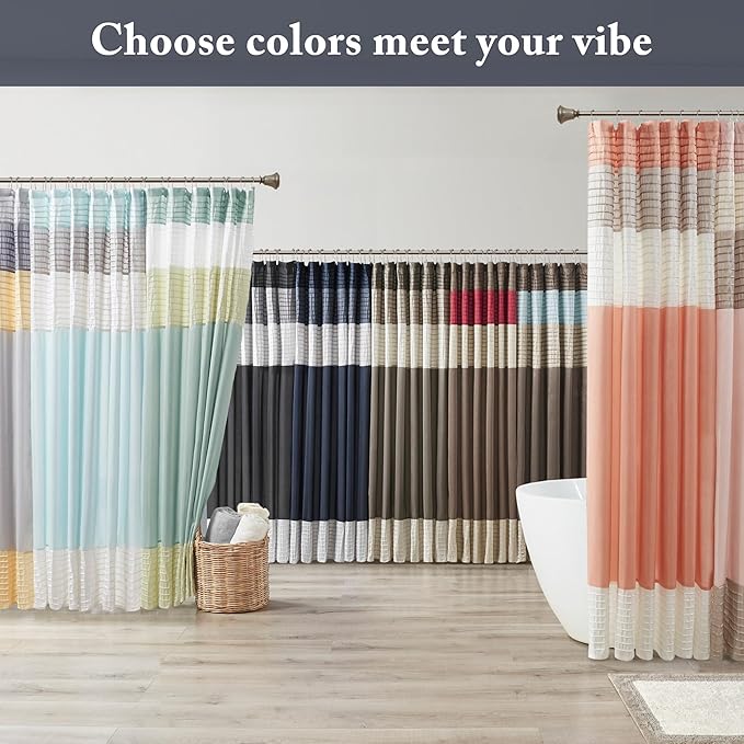 Madison Park Amherst Bathroom Shower Curtain Faux Silk Pieced Striped Modern Microfiber Bath Curtains, 72x72 Inches, Navy