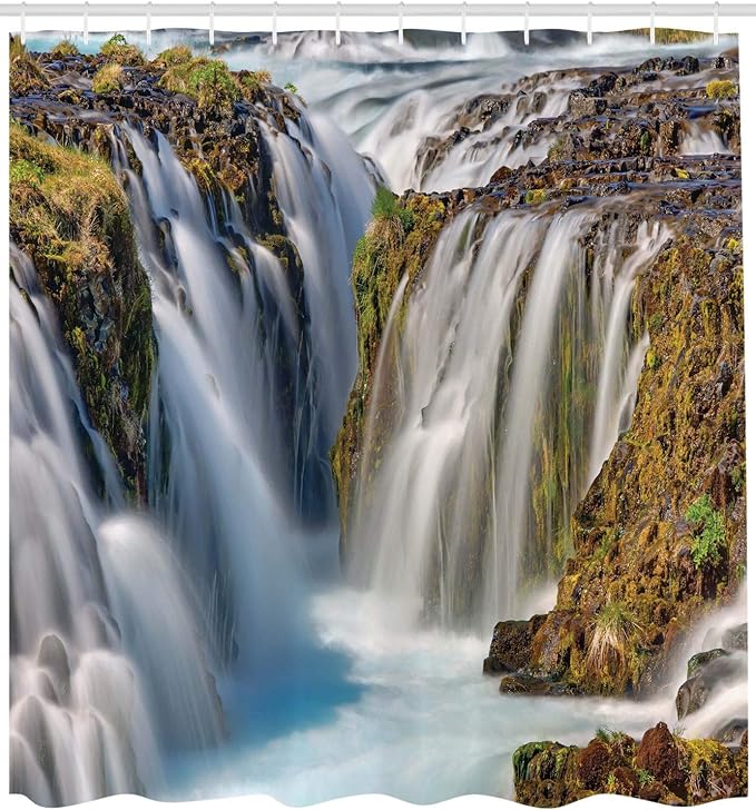 Ambesonne Waterfall Shower Curtain, Bruarfoss Falls in Iceland River Landscape and Wild Nature Image Panoramic Scenery Concept Shot, Cloth Fabric Bathroom Set with Hooks, 69" W x 75" L, Green White