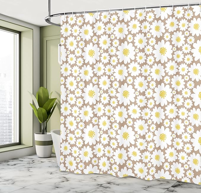 Ambesonne Floral Shower Curtain, Pastel Cartoon Like Flowers Daisies Spring Time Season Artwork Print, Cloth Fabric Bathroom Decor Set with Hooks, 69" W x 70" L, Warm Taupe