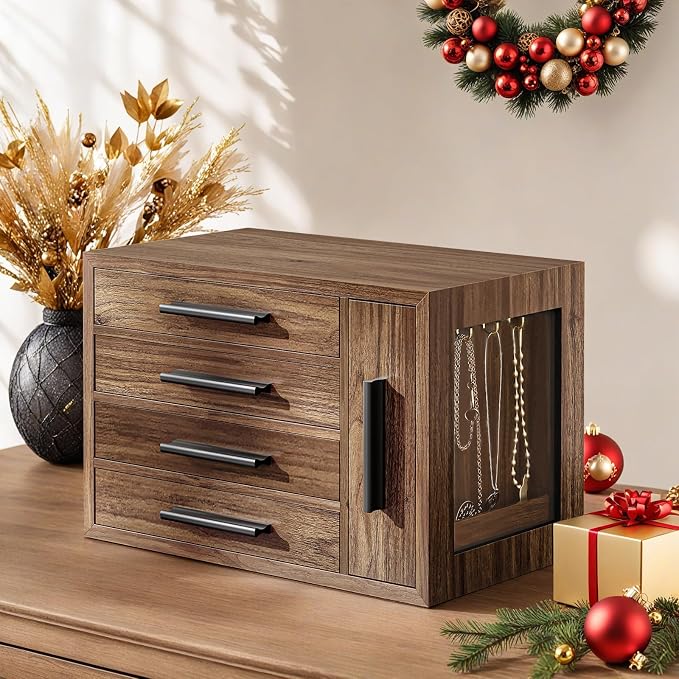 HOOBRO Jewelry Box for Women, Wooden Jewelry Organizer with Transparent Window, 4-Layer Jewelry Organizer Box, Jewelry Holder Organizer for Earrings, Necklaces, Rings, Walnut and Black BH09JB04