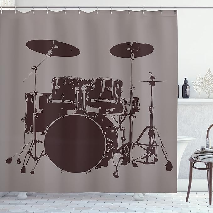 Ambesonne Music Shower Curtain, Grunge Drum Kit for Bass Rythm Lovers Ba Dum TSS Image Sketch, Cloth Fabric Bathroom Decor Set with Hooks, 69" W x 70" L, Taupe Black