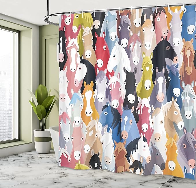 Ambesonne Abstract Shower Curtain, Pattern with Colorful Cartoon Style Horses Pony Childhood Theme Childish Artwork, Cloth Fabric Bathroom Decor Set with Hooks, 69" W x 84" L, Blue Green