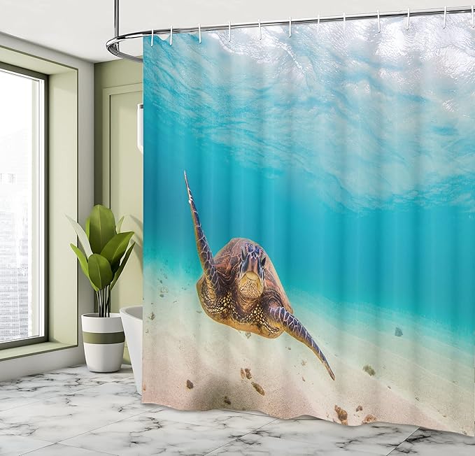 Ambesonne Hawaiian Shower Curtain, Underwater Scuba Diving Sea Turtle Nature Animal Swimming Wildlife Theme, Cloth Fabric Bathroom Decor Set with Hooks, 69" W x 75" L, Beige Brown