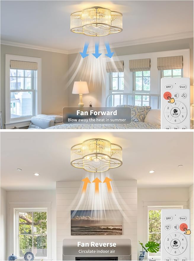 Boho Ceiling Fans with Lights, 20" Low Profile Ceiling Fan with Light Remote Control, Bladeless Flush Mount with 6 Speeds for Bedroom, Nursery, Living Room.