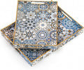 Hiceeden Set of 2 Decorative Serving Trays with Handles, Boho Tea Trays Ottoman Trays for Serving, Modern Plastic Coffee Table Tray for Living Room, Kitchen, Bathroom, Rectangle, Blue