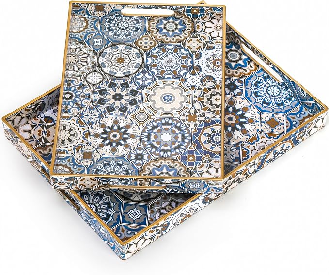 Hiceeden Set of 2 Decorative Serving Trays with Handles, Boho Tea Trays Ottoman Trays for Serving, Modern Plastic Coffee Table Tray for Living Room, Kitchen, Bathroom, Rectangle, Blue