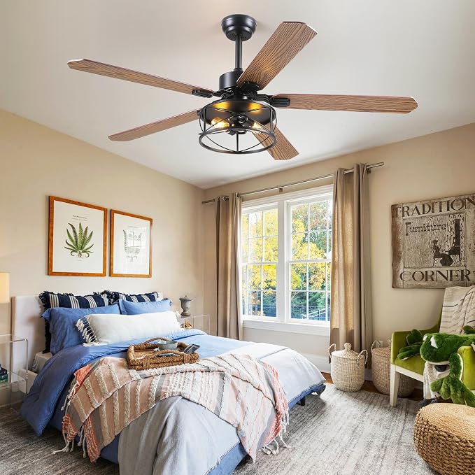 Hounberi 56" Rustic Farmhouse Ceiling Fan with Light and Remote | 5 Dual Finish Blades, 6 Speeds, Reversible DC Motor, Caged Rustic Ceiling Fan for Dining Room, Living Room, Bedroom, Porch