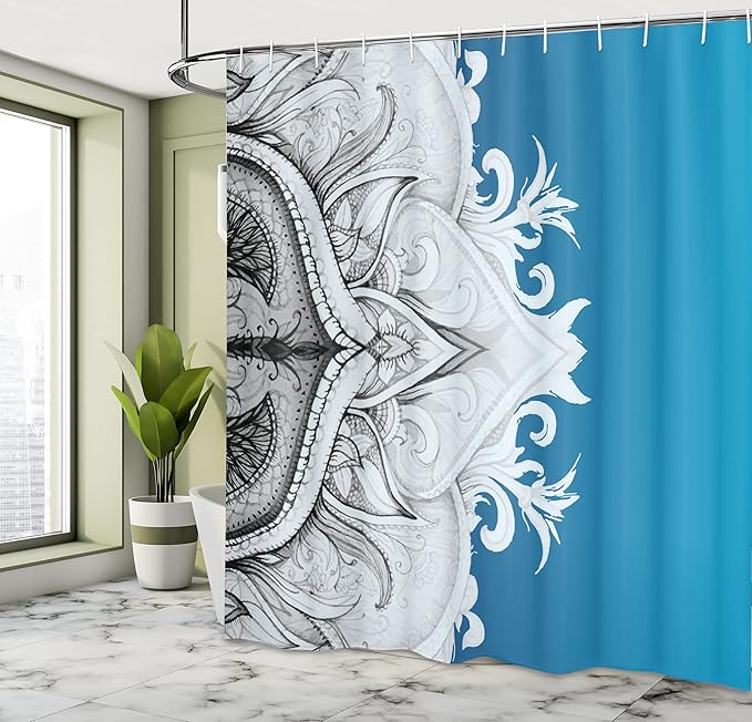 Ambesonne Mandala Shower Curtain, Traditional Ornamental Lace Border Swirled Flower Lines Eastern Folk Artwork, Cloth Fabric Bathroom Decor Set with Hooks, 69" W x 75" L, Blue Dust