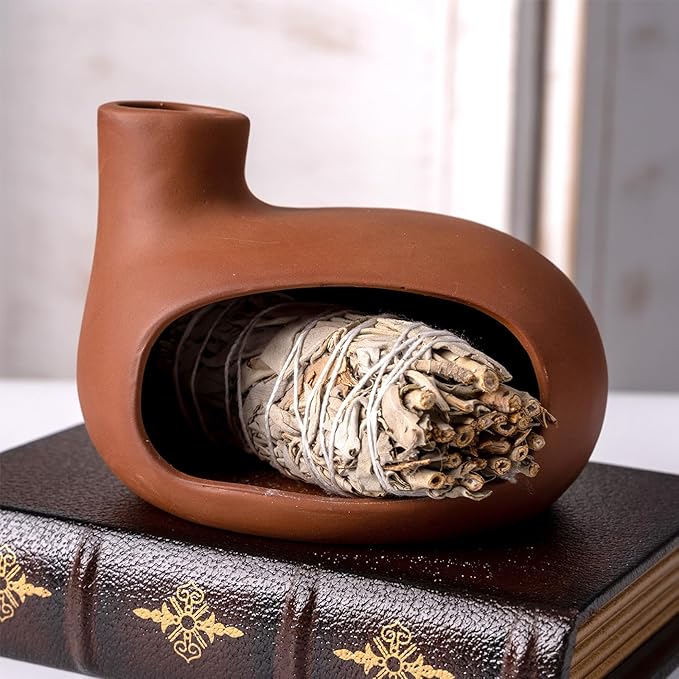 MOUGIGI Terracotta Palo Santo Holder - Modern Chiminea Incense Burner for Yoga, Meditation, and Energy Cleansing - Wood Sticks Dish, Sage Ash Catcher, Smudge Bowl, Cone Burner - Unique Meditation Gift