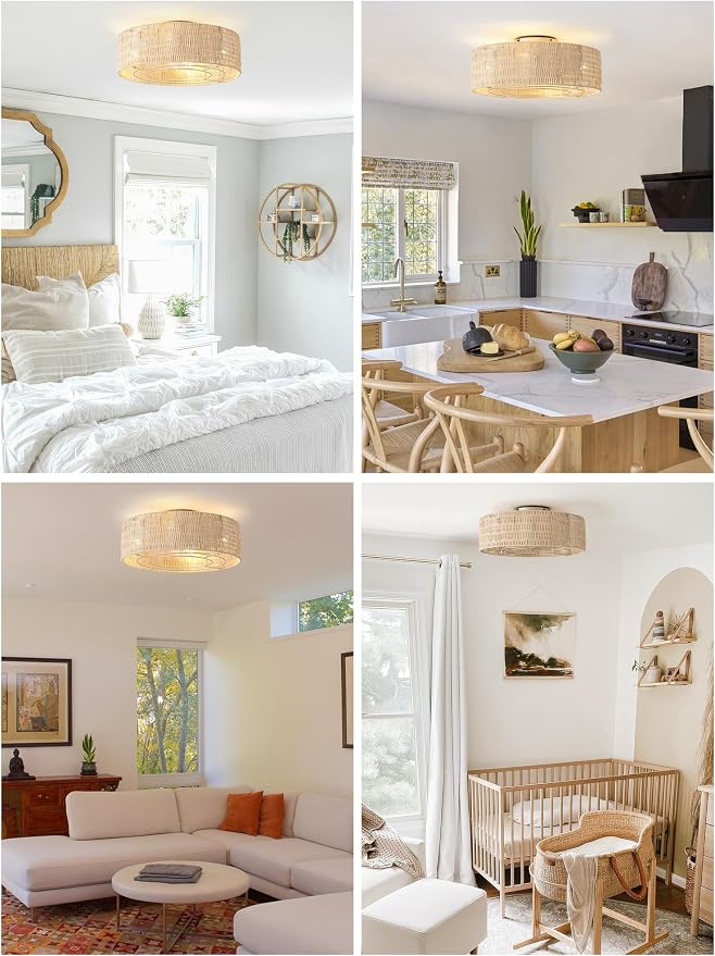 Caged Ceiling Fans with Lights Flush Mount, 20" Rattan Boho Ceiling Fan with Light Remote Control, Enclosed with 6 Speeds for Bedroom, Nursery, Living Room (Beige)