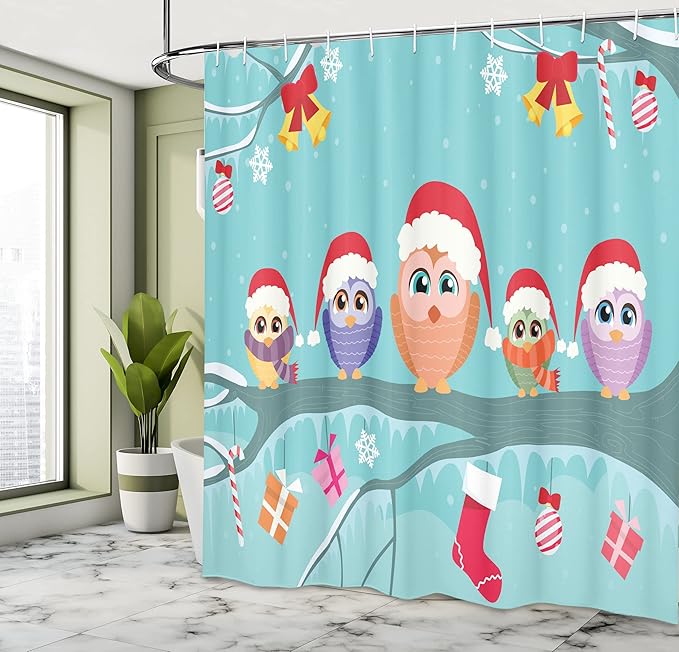 Ambesonne Christmas Shower Curtain, Owl Family Sitting on Tree Branch Like Little Elves of Noel Animal Design, Cloth Fabric Bathroom Decor Set with Hooks, 69" W x 84" L, Multicolor