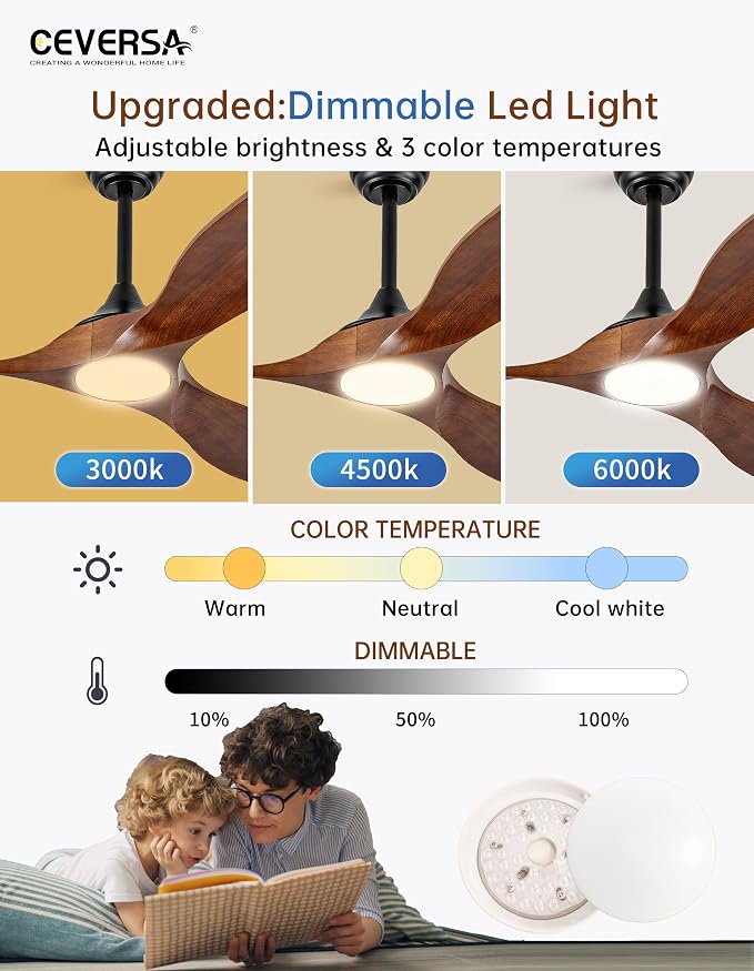 52 Inch Solid Wood Outdoor Ceiling Fans with Lights and Remote,3 Blade Modern Ceiling Fan with Wall Control Switch,Dimmable,Quiet Noiseless DC Motor for Patios,Farmhouse,Living Room,Bedroom