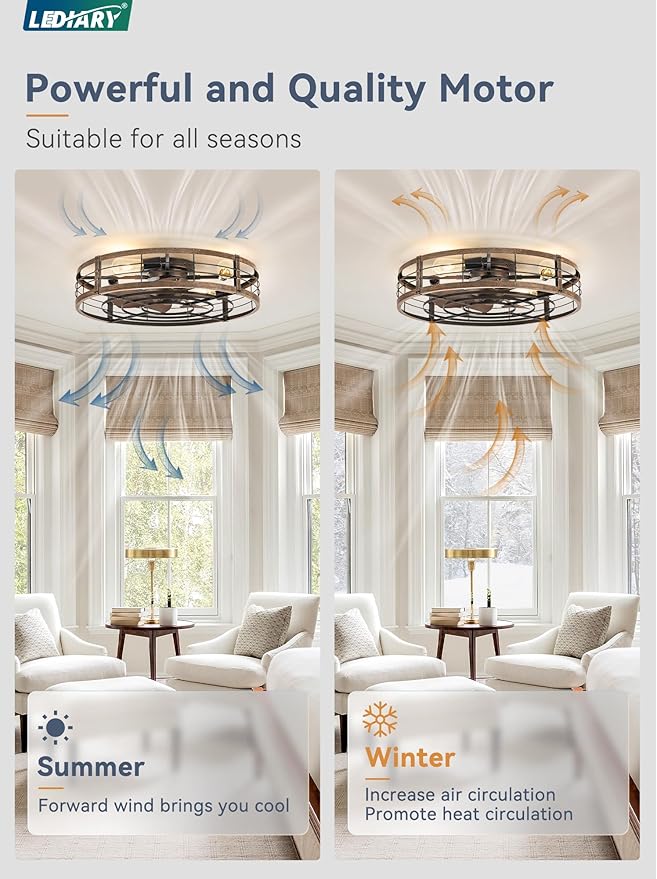 LEDIARY 26" Caged Ceiling Fan with Light and Remote, Low Profile Flush Mount Fandelier, Black Gold Bladeless Enclosed Small Fan Lights Ceiling Fixtures, Rustic Farmhouse Style for Bedroom, Outdoor