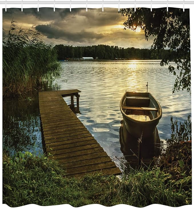 Ambesonne Seascape Shower Curtain, Boat at Lake Shore with Wooden Pier Sunset Sunbeams Romantic Evening, Cloth Fabric Bathroom Decor Set with Hooks, 69" W x 75" L, Green Yellow