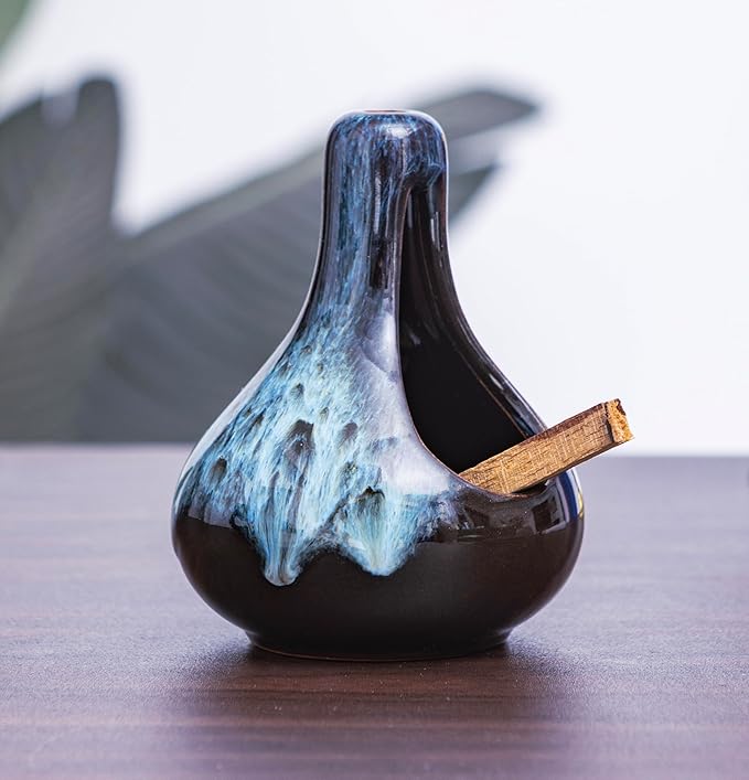 Palo Santo Holder Ceramic Incense Burner for Palo Santo Sticks and Cones Burning, Mini Chiminea Incense Burner Holder for Yoga Spa Aromatherapy Meditation, Home Office Decor (1, Blue)