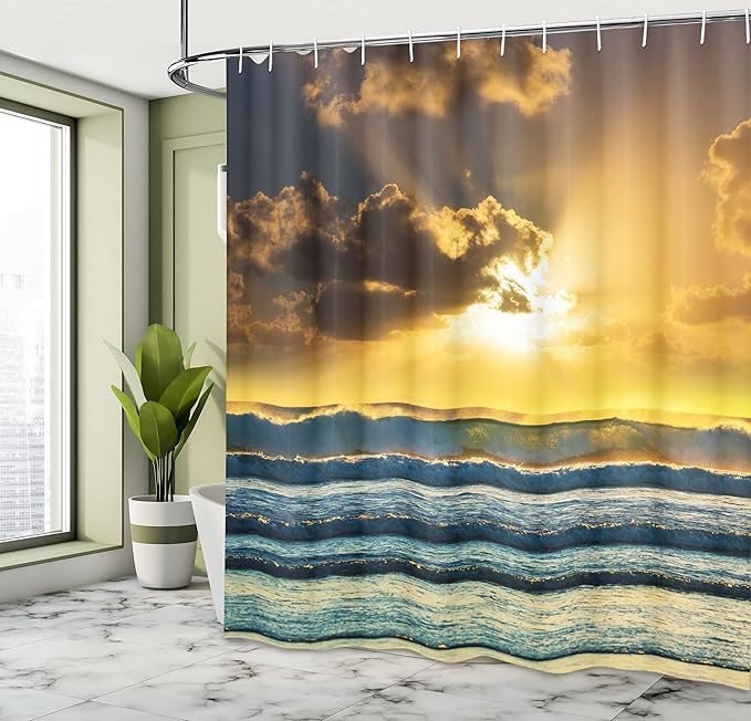 Ambesonne Ocean Decor Shower Curtain, Sunbeams Behind Grey Clouds Waves of The Sea at a Sunset Scenery Lofoten Norway Picture, Polyester Fabric Bathroom Set with Hooks, 69" W X 84" L, Blue Yellow