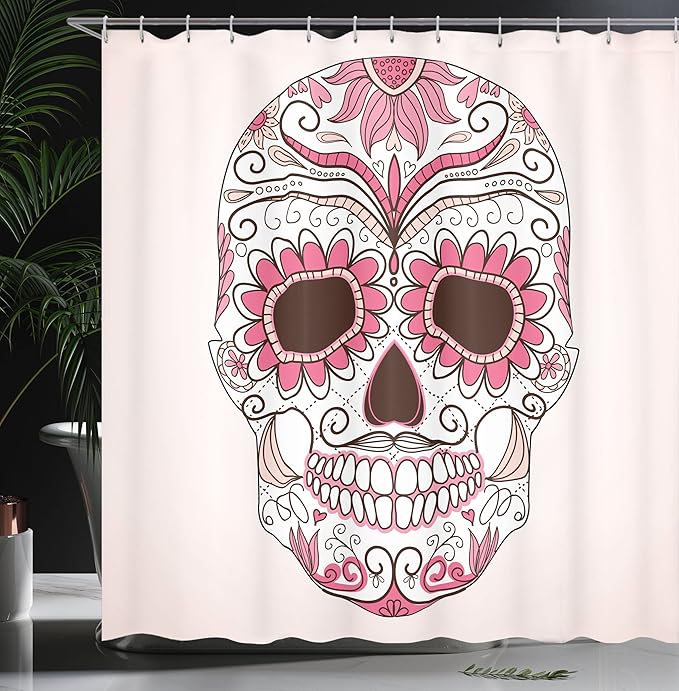 Ambesonne Skull Shower Curtain, Day of The Dead Girly Colors Skull with Floral Ornamental Design Symbolic Artwork, Cloth Fabric Bathroom Decor Set with Hooks, 69" W x 84" L, Pink Brown