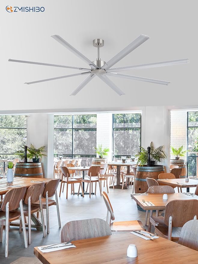 ZMISHIBO 96 Inch Industrial DC Motor Ceiling Fan, Large Ceiling Fan with 8 Reversible Blades, 3 Downrods, 6-Speed Remote Control, Home or Commercial Ceiling Fans for Porch/Garage/Shop, Nickel