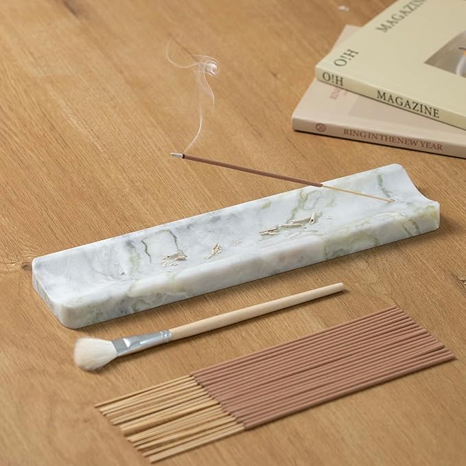 Marble Incense Holder Burner-Natural Stone Stick Incense Tray with Ash Catcher，20 Sticks & Brush - Elegant Decor for Meditation, Yoga, Home,Gift(White Green)
