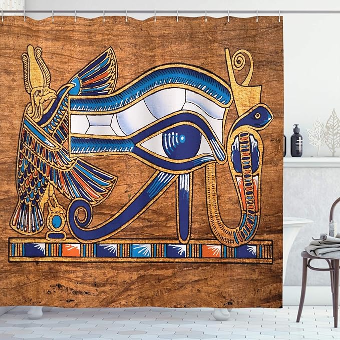Ambesonne Egyptian Print Shower Curtain, Egyptian Art Papyrus Depicting Eye Mosaic Style Design, Cloth Fabric Bathroom Decor Set with Hooks, 69" W x 70" L, Navy Blue