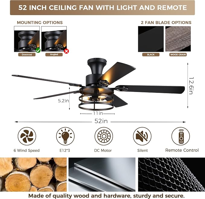 JSAITEE 52" Farmhouse Flush Mount Ceiling Fans with Lights, No Bulbs | Cage Fan Light with Dual-Sided Blades, 6 Speeds Reversible DC Motor, Rustic Low Profile Light for Bedroom, Living Room