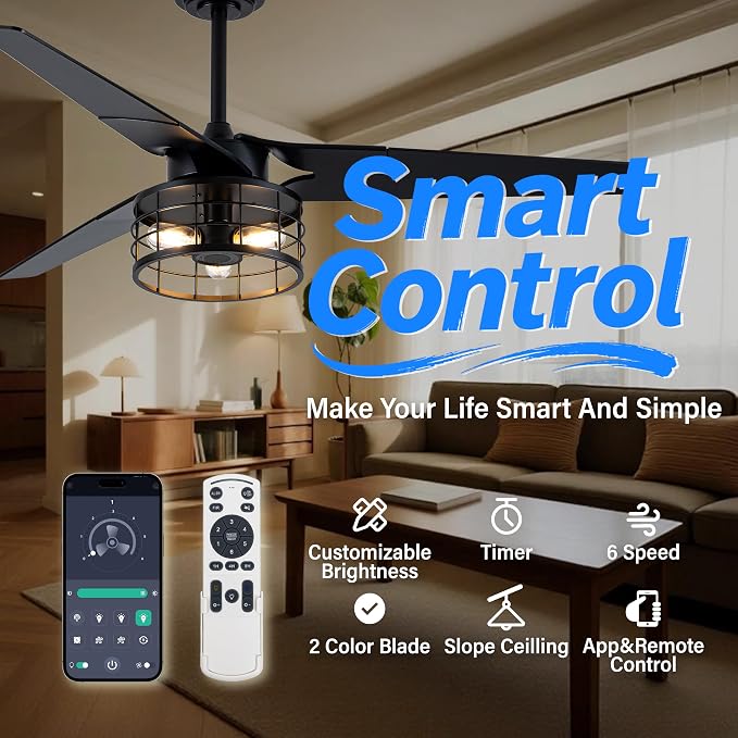 Chandelier Ceiling Fans With Lights And Remote,52 inch Caged Ceiling Fan With Light,App 3 Blades E26 Fandelier Ceiling Fans With Lights,Crystal Ceiling Fan For Bedroom,Living Room. (Black)