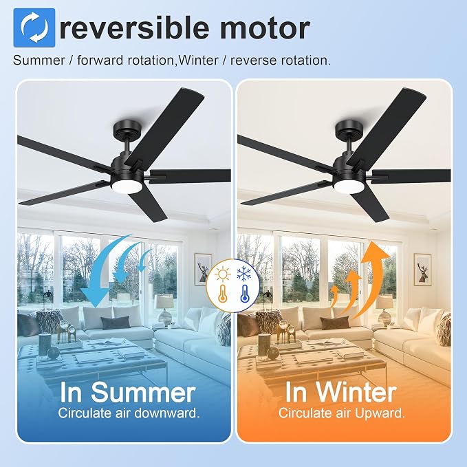 60 Inch Black Ceiling Fan with Light and Remote Control,Dimmable 3 Color Temperatures LED Ceiling Fan,6 Speeds Reversible DC Motor,5 Blades Modern Ceiling Fans for Indoor or Covered Outdoor