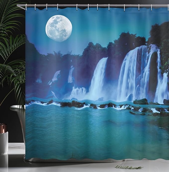 Ambesonne Waterfall Shower Curtain, Waterfall Under Moonlight Full Moon Nature Midnight View, Cloth Fabric Bathroom Decor Set with Hooks, 69" W x 75" L, Turquoise Navy