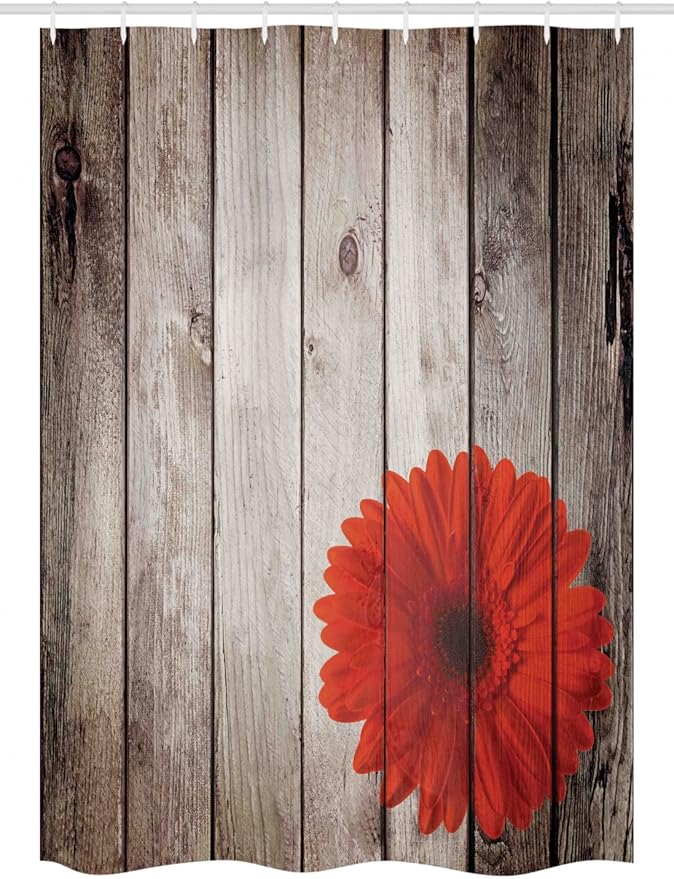 Ambesonne Rustic Stall Shower Curtain, Flower Red Dahlia on Foreground of Murky Featured Dated Wooden Board Retro Art Print, Fabric Bathroom Decor Set with Hooks, 54" W x 78" L, Brown