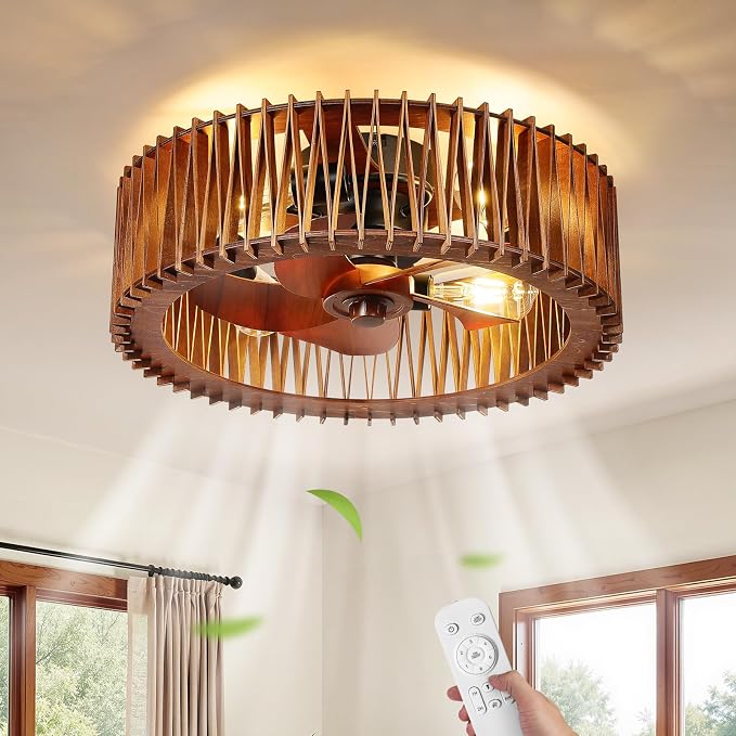 20" Flush Mount Caged Ceiling Fan with Light, Farmhouse Low Profile Ceiling Fan with Remote, Wooden Fandelier 6 Speed Quiet DC Motor, Reversible Chandelier Ceiling Fan for Bedroom Kitchen Living Room