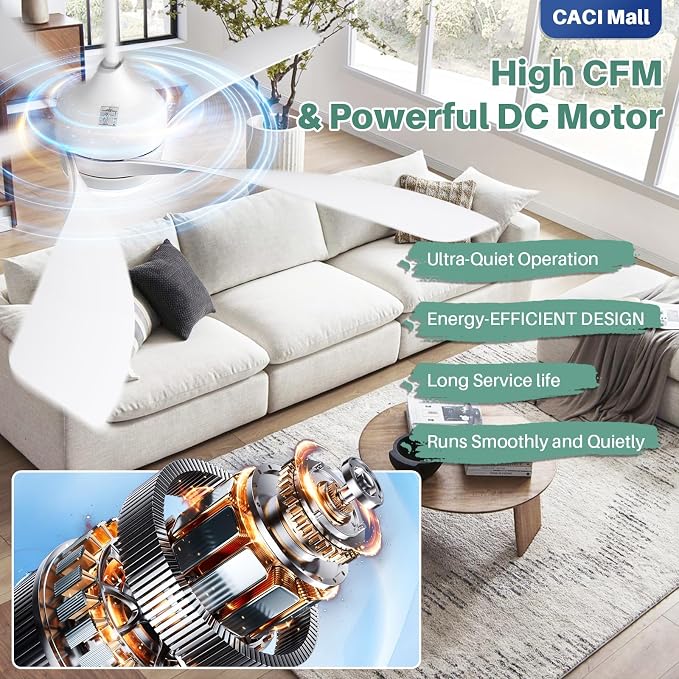 CACI Mall 52 inch Smart Ceiling Fans with 3-Color Dimmable LED Lights, Remote Control, Works with Alexa/Google/App, 5 Blades, Quiet DC, Indoor/Outdoor Ceiling Fans for Living Room, Bedroom, Patios