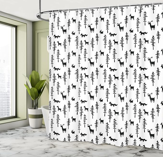 Ambesonne Forest Shower Curtain, Christmas Spirit Inspired Sketchy Reindeer Pine Trees Rabbits Animal Design, Cloth Fabric Bathroom Decor Set with Hooks, 69" W x 84" L, White Black