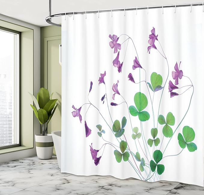 Ambesonne Flower Shower Curtain, Springtime Garden Wildflowers and Clovers Modern Floral Theme Graphic Print, Cloth Fabric Bathroom Decor Set with Hooks, 69" W x 70" L, Purple White