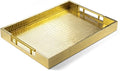 ATZYmolin 17"x12" Leather Serving Tray, Gold Handle Vanity Platter, Gold | Rectangle Ottoman Decor Tray, Polished Metal Handles, Coffee Table Bathroom Home Decorative Wood Tray
