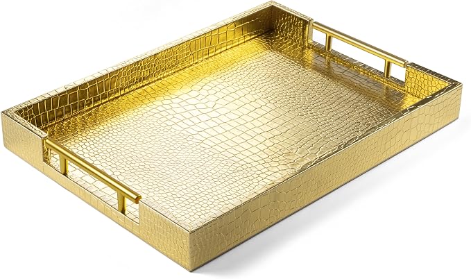 ATZYmolin 17"x12" Leather Serving Tray, Gold Handle Vanity Platter, Gold | Rectangle Ottoman Decor Tray, Polished Metal Handles, Coffee Table Bathroom Home Decorative Wood Tray