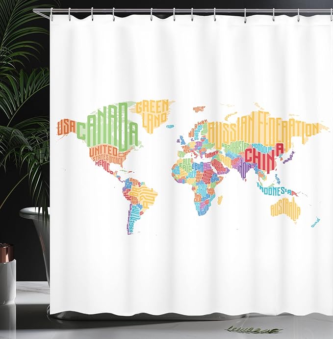 Ambesonne World Map Shower Curtain, Colorful Map with Names of Countries Print, Cloth Fabric Bathroom Decor Set with Hooks, 69" W x 70" L, Red Orange