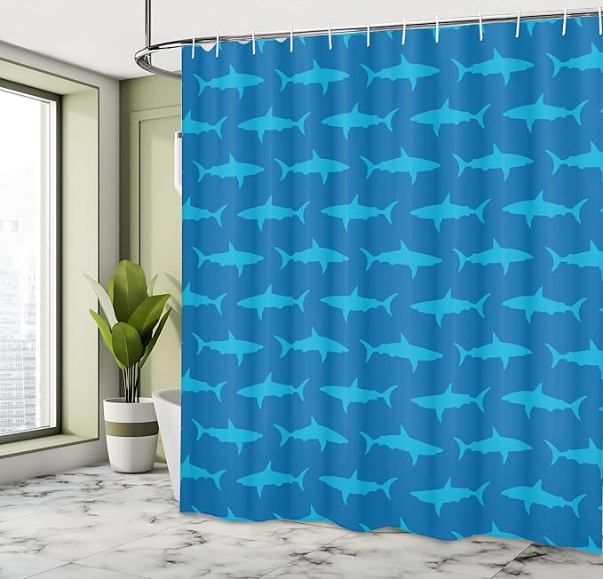 Ambesonne Sea Animals Shower Curtain, Sharks Swimming Horizontal Silhouettes Powerful Dangerous Wild Life, Cloth Fabric Bathroom Decor Set with Hooks, 69" W x 75" L, Blue