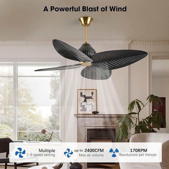 52 inch Ceiling Fan Without Lights, Remote & APP Control, 6 Speed DC Motor, 4 Palm Leaf Blades, Tropical Ceiling Fans for Bedroom, Living Room (Black Gold)