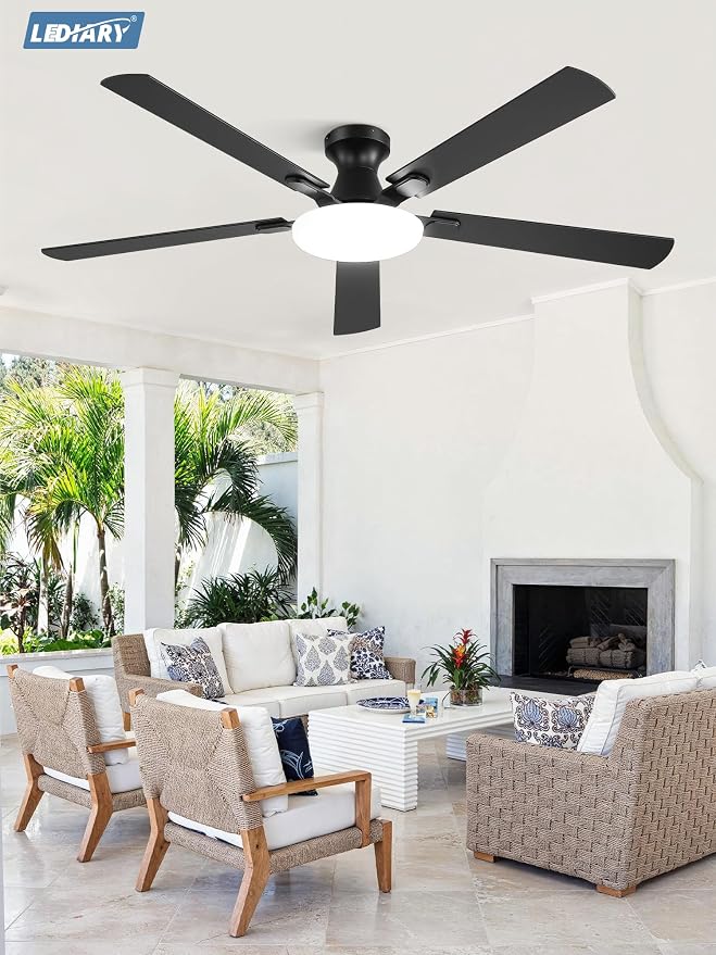 LEDIARY 60 Inch Flush Mount Ceiling Fans with Lights, Remote & APP Control | Bright Light, 3CCT, Memory Function, Timer, Reversible Blades, Quiet DC Motor, Damp-Rated, Living Room, Covered Patio, Adult
