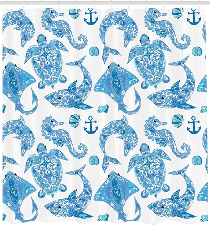 Ambesonne Anchor Shower Curtain, Pattern with Turtle Dolphin Sea Horse Mollusk Shark Fauna Exotic Tropical Aquatic, Cloth Fabric Bathroom Decor Set with Hooks, 69" W x 70" L, Sky Blue