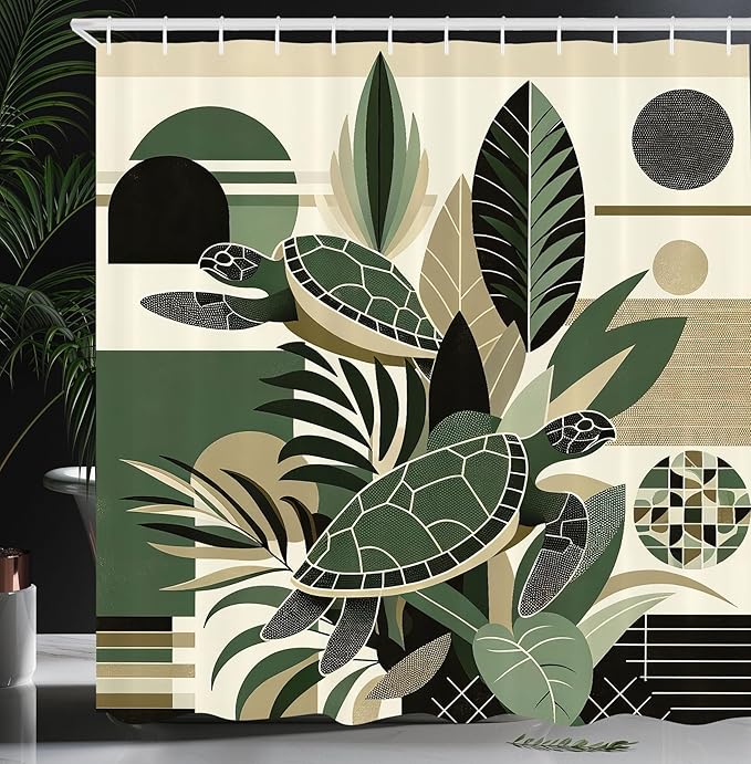 Ambesonne Turtle Shower Curtain, Mid Century Modern Geometric Shapes with Nautical Details Exotic Leaves, Cloth Fabric Bathroom Decor Set with Hooks, 69" W x 70" L, Reseda Green Pale Tan