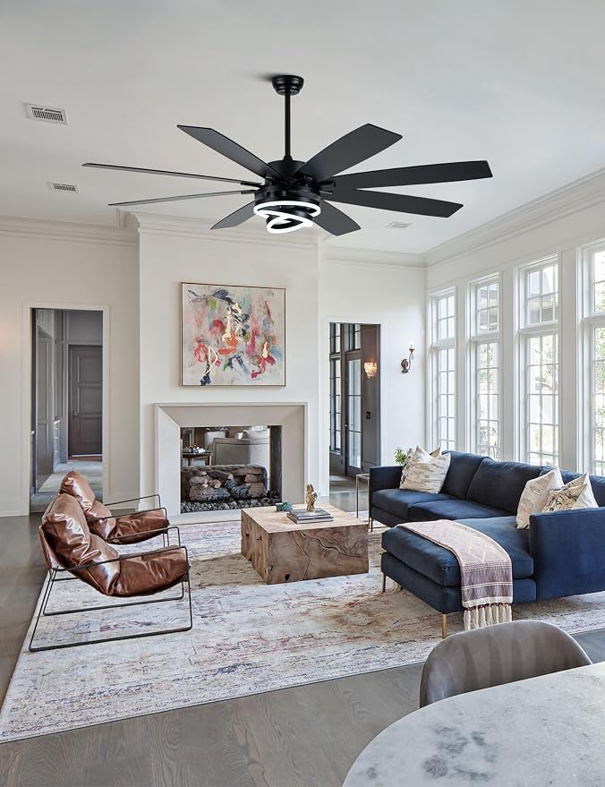 72" Large Black Modern Ceiling Fans with Lights | Remote, 6-speed reversible DC motor, dimmable, 3 adj rings; suitable for indoor/outdoor use, living room & kitchen.